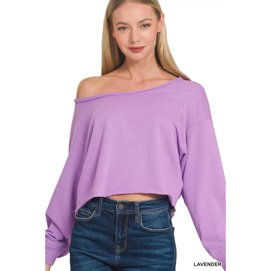 Zenana French Terry Boatneck Crop Top LAVENDER / S Apparel and Accessories