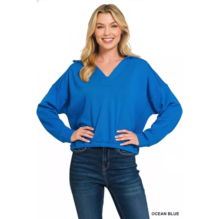 Zenana French Terry Collared Exposed Seam Sweatshirt OCEAN BLUE / S Apparel and Accessories