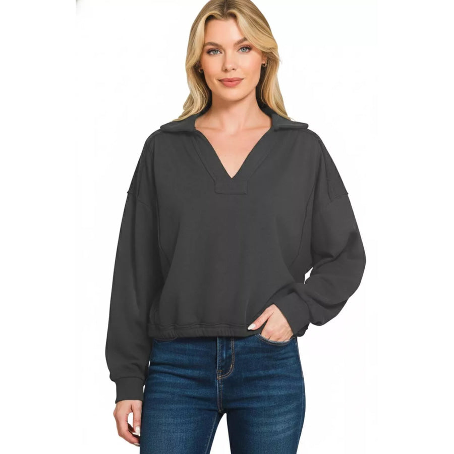 Zenana French Terry Collared Exposed Seam Sweatshirt Apparel and Accessories