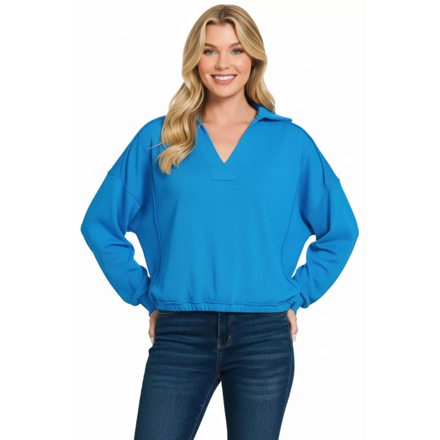 Zenana French Terry Collared Exposed Seam Sweatshirt DEEP SKY / S Apparel and Accessories