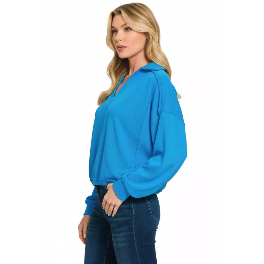 Zenana French Terry Collared Exposed Seam Sweatshirt Apparel and Accessories