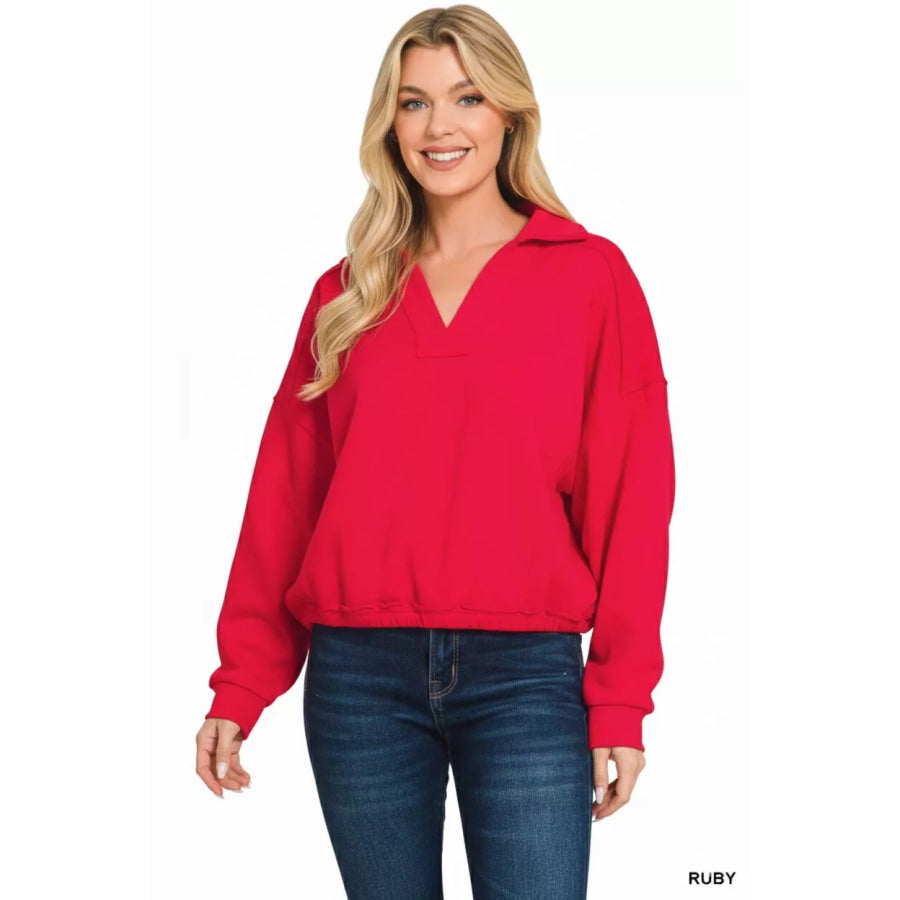Zenana French Terry Collared Exposed Seam Sweatshirt RUBY / S Apparel and Accessories