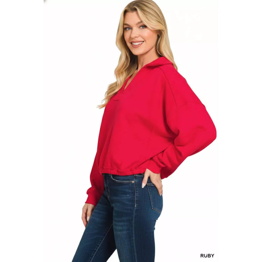Zenana French Terry Collared Exposed Seam Sweatshirt Apparel and Accessories