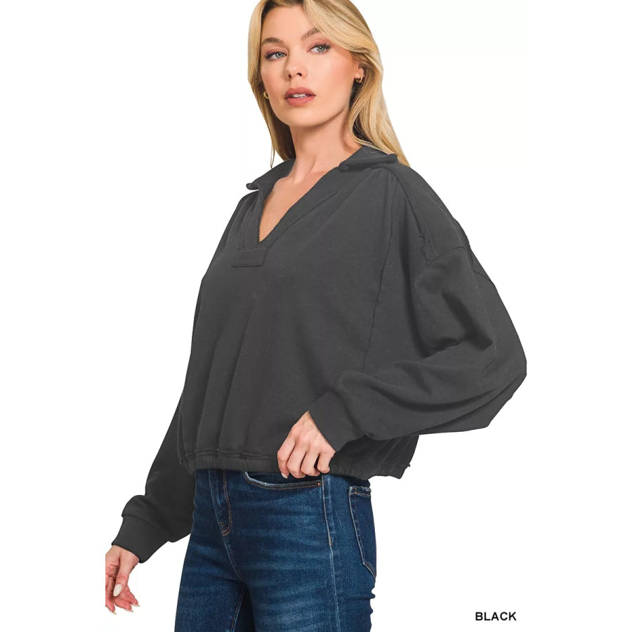 Zenana French Terry Collared Exposed Seam Sweatshirt BLACK / S Apparel and Accessories