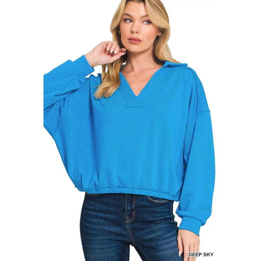 Zenana French Terry Collared Exposed Seam Sweatshirt DEEP SKY / S Apparel and Accessories