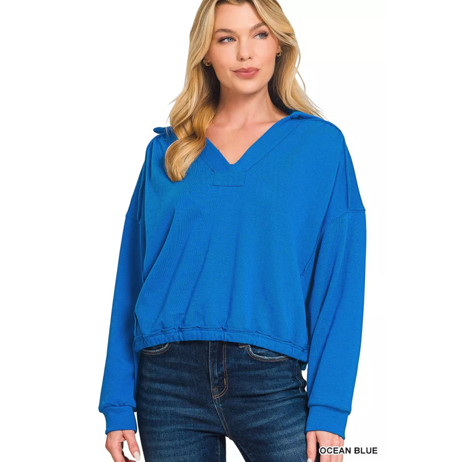 Zenana French Terry Collared Exposed Seam Sweatshirt OCEAN BLUE / S Apparel and Accessories