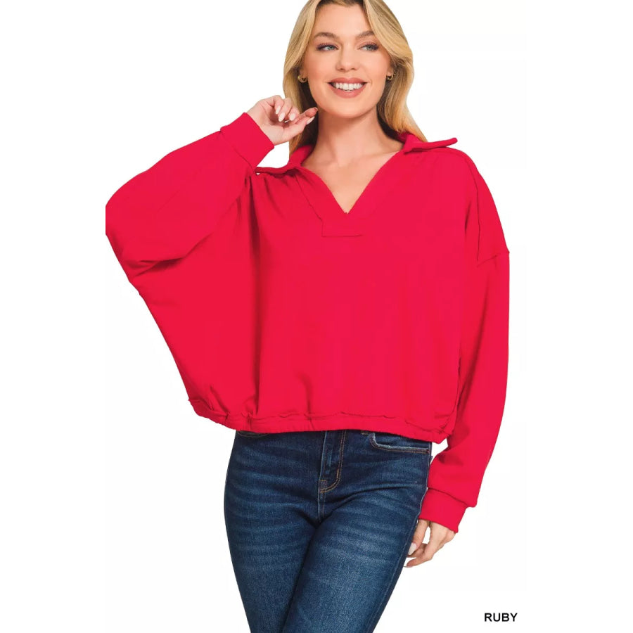 Zenana French Terry Collared Exposed Seam Sweatshirt RUBY / S Apparel and Accessories