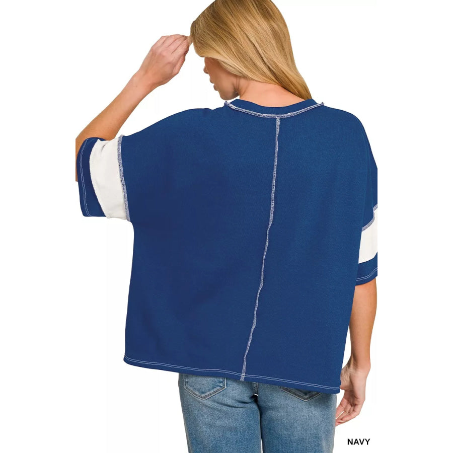 Zenana French Terry Striped Exposed Seam Top Apparel and Accessories