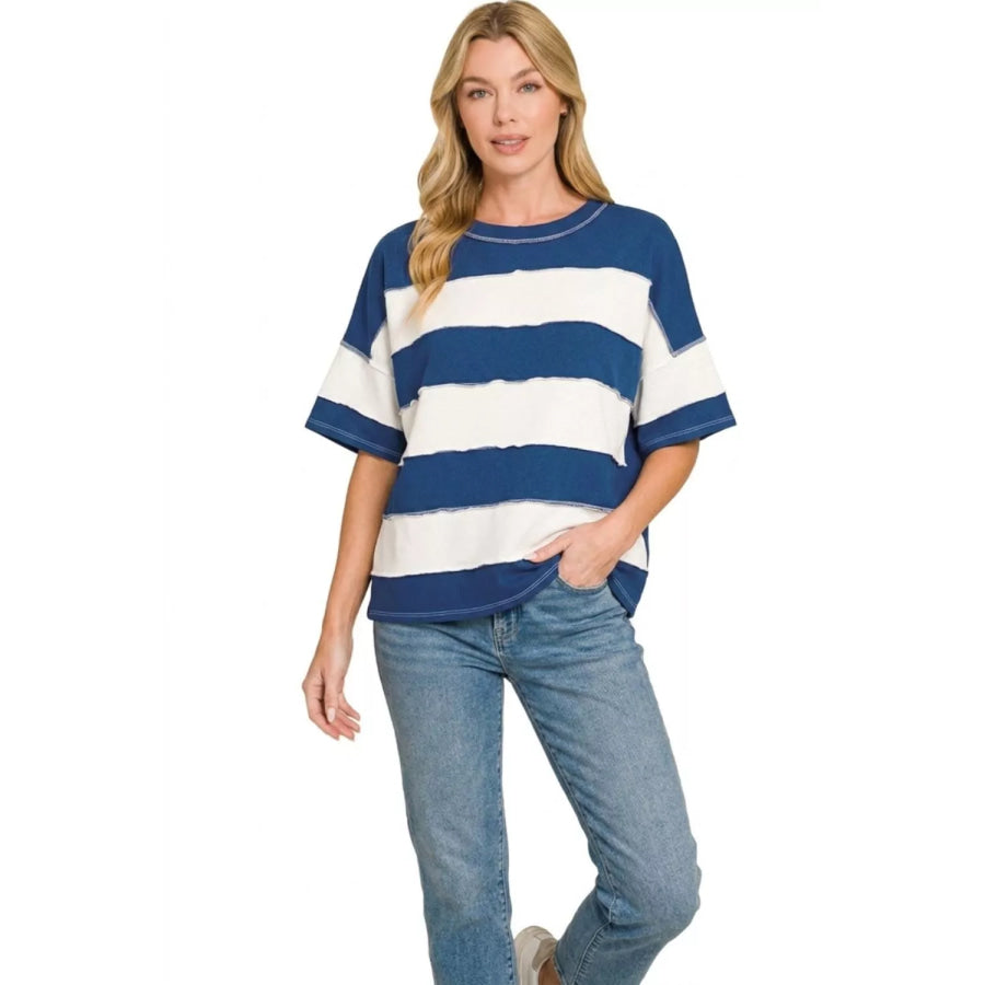 Zenana French Terry Striped Exposed Seam Top Apparel and Accessories