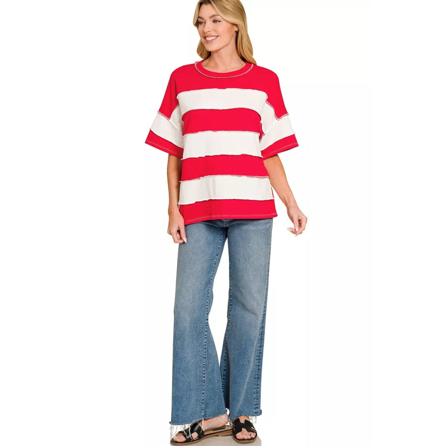 Zenana French Terry Striped Exposed Seam Top RUBY / S Apparel and Accessories
