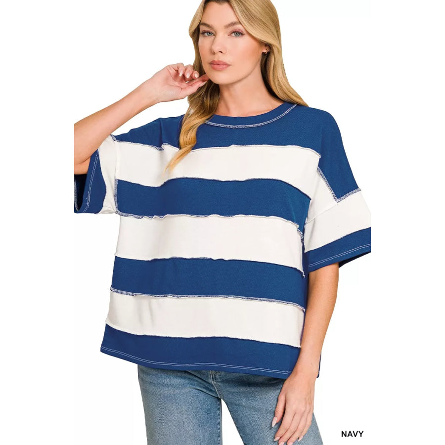 Zenana French Terry Striped Exposed Seam Top NAVY / S Apparel and Accessories
