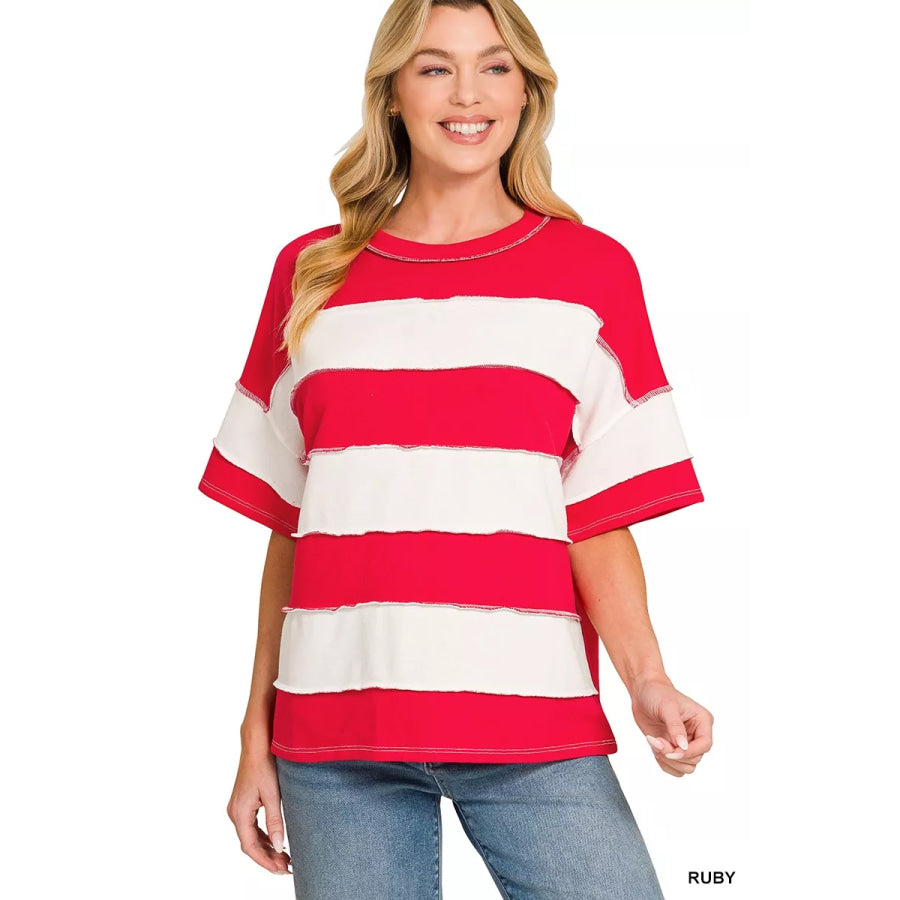 Zenana French Terry Striped Exposed Seam Top RUBY / S Apparel and Accessories