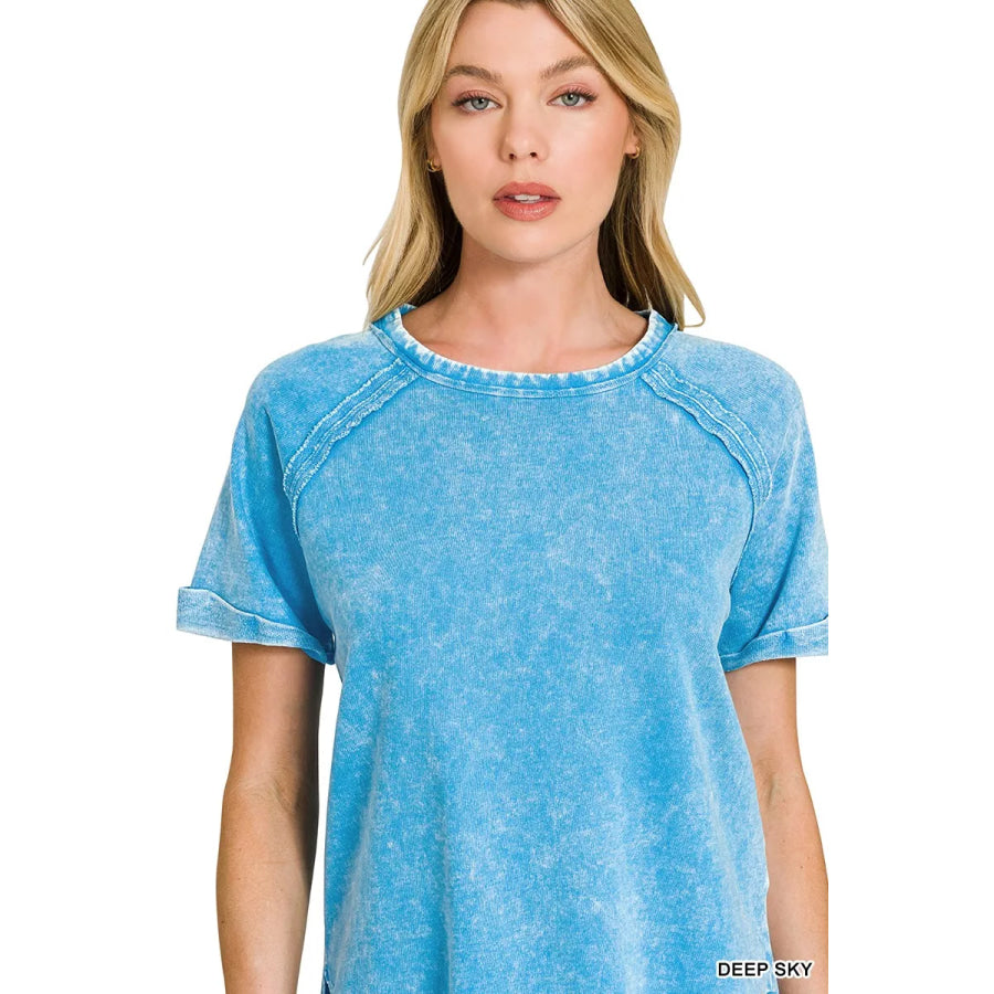 Zenana French Terry Washed Curved Hem Top Apparel and Accessories