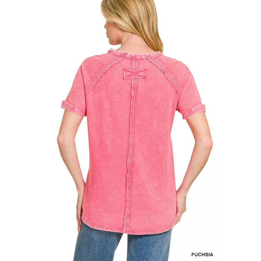 Zenana French Terry Washed Curved Hem Top Apparel and Accessories