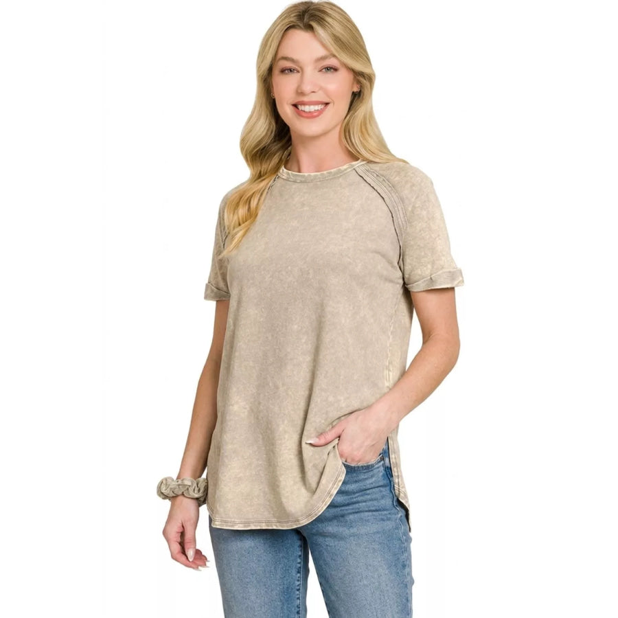 Zenana French Terry Washed Curved Hem Top Apparel and Accessories