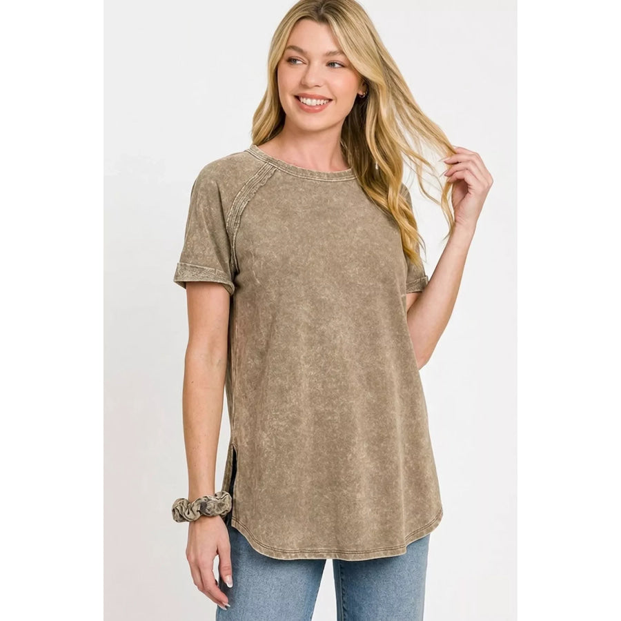 Zenana French Terry Washed Curved Hem Top MOCHA / S Apparel and Accessories