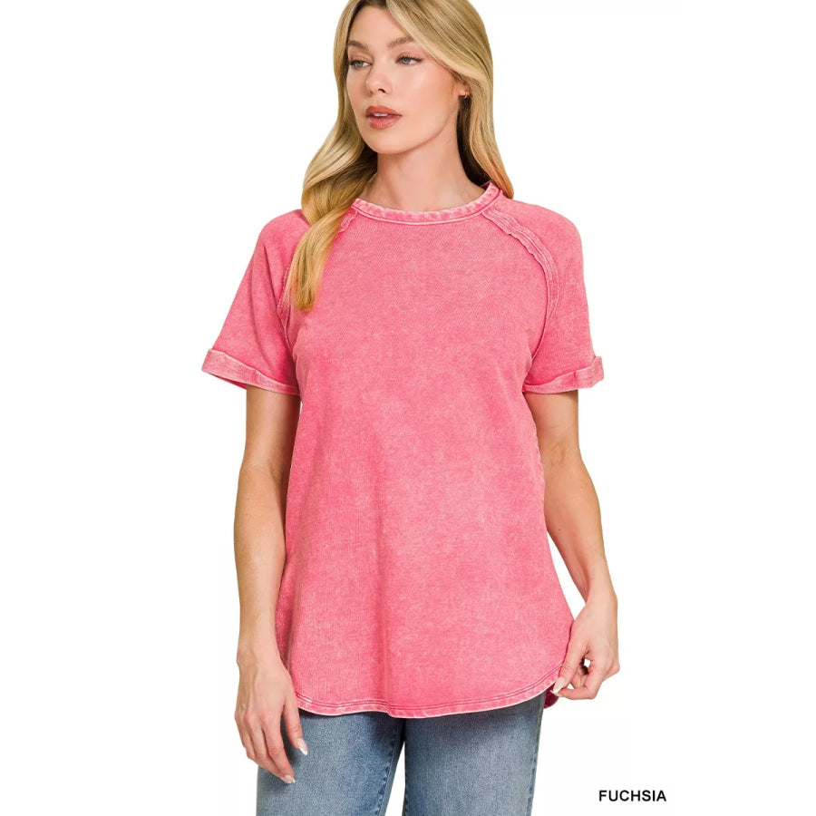 Zenana French Terry Washed Curved Hem Top Apparel and Accessories