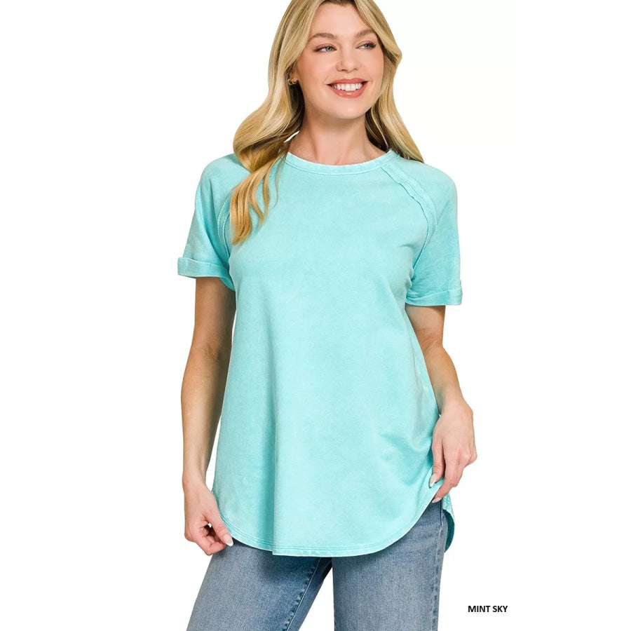 Zenana French Terry Washed Curved Hem Top Apparel and Accessories