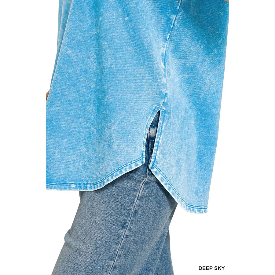 Zenana French Terry Washed Curved Hem Top Apparel and Accessories