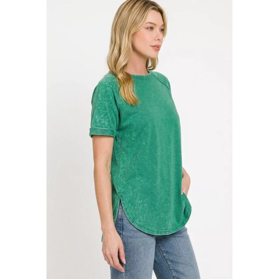 Zenana French Terry Washed Curved Hem Top Apparel and Accessories