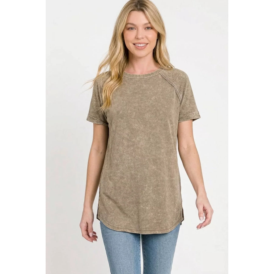 Zenana French Terry Washed Curved Hem Top Apparel and Accessories