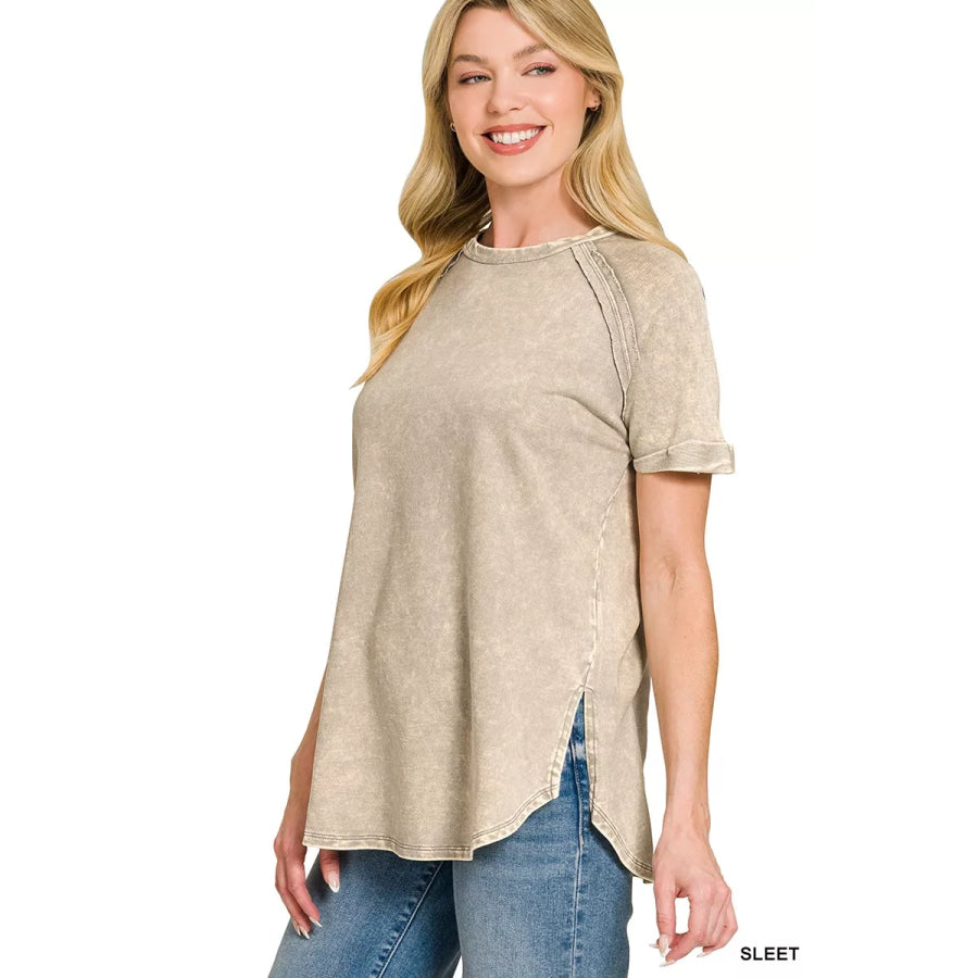 Zenana French Terry Washed Curved Hem Top SLEET / S Apparel and Accessories