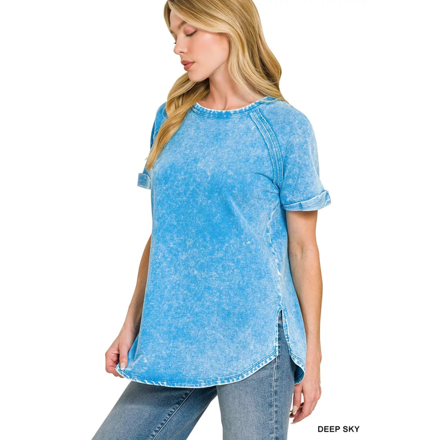 Zenana French Terry Washed Curved Hem Top Apparel and Accessories