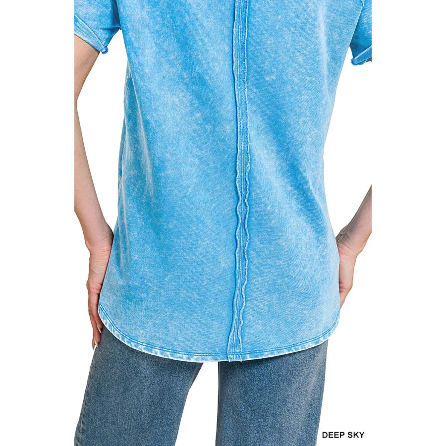 Zenana French Terry Washed Curved Hem Top Apparel and Accessories
