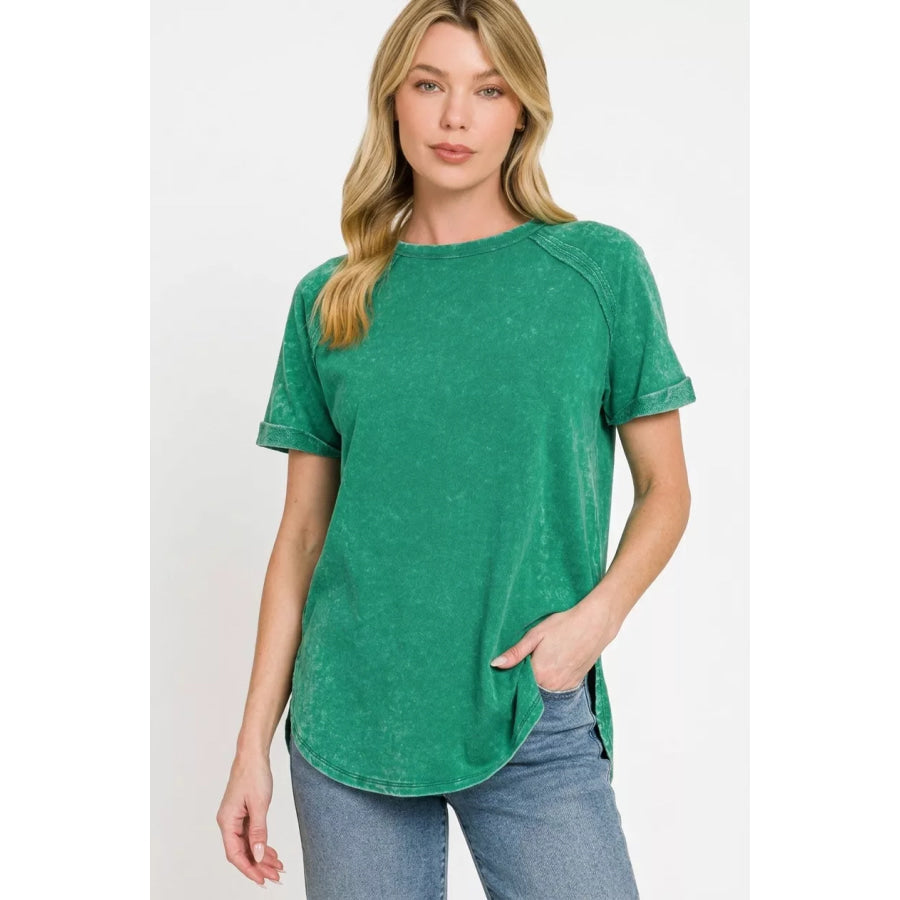 Zenana French Terry Washed Curved Hem Top Apparel and Accessories