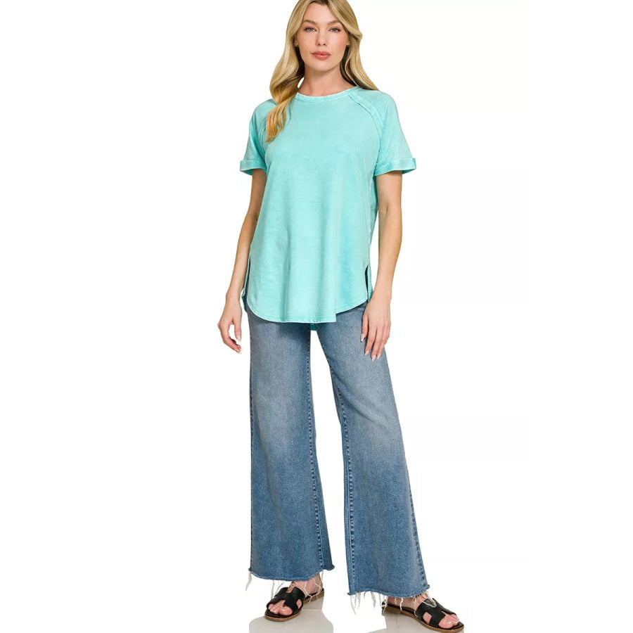 Zenana French Terry Washed Curved Hem Top Apparel and Accessories