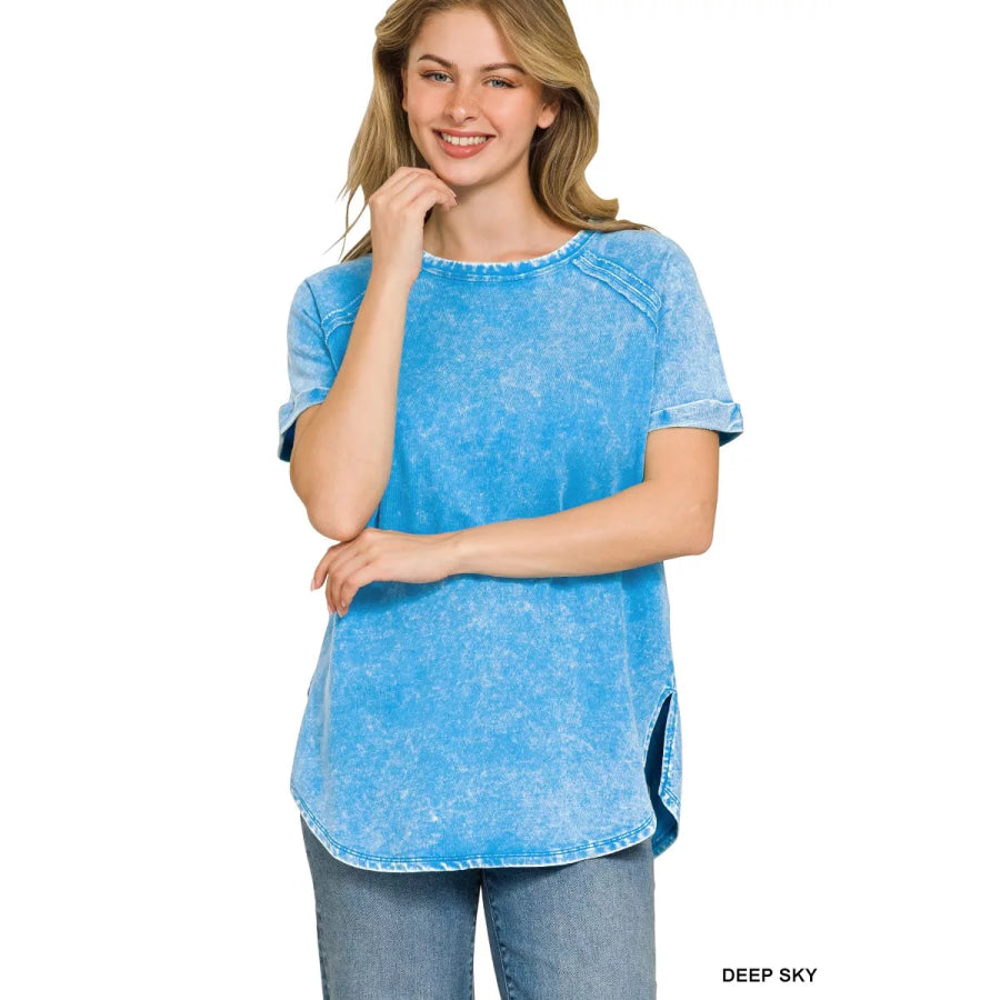 Zenana French Terry Washed Curved Hem Top DEEP SKY / S Apparel and Accessories