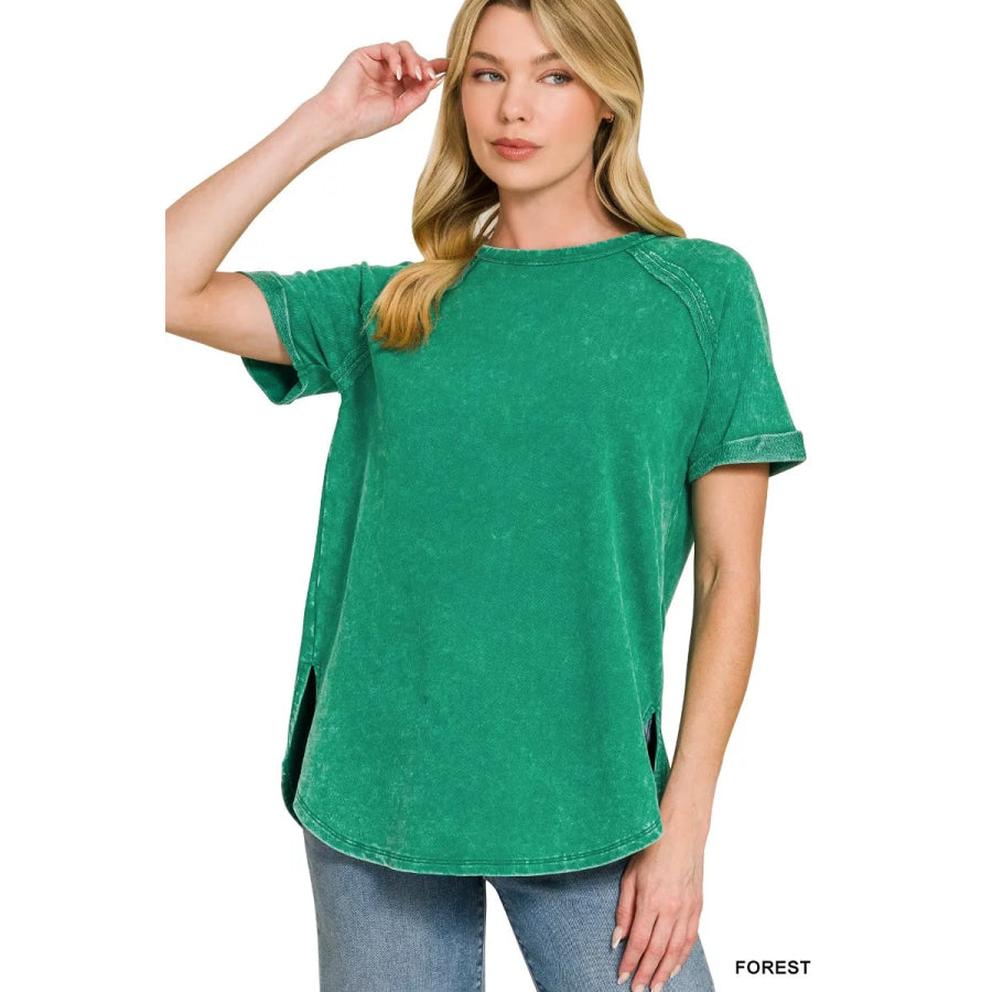 Zenana French Terry Washed Curved Hem Top FOREST / S Apparel and Accessories
