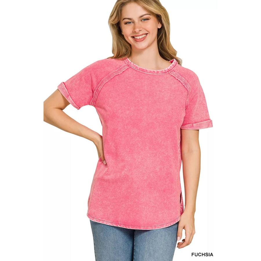 Zenana French Terry Washed Curved Hem Top FUCHSIA / S Apparel and Accessories