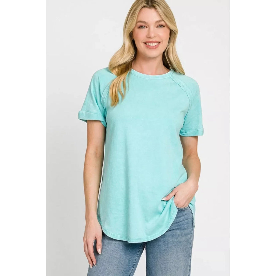 Zenana French Terry Washed Curved Hem Top MINT SKY / S Apparel and Accessories