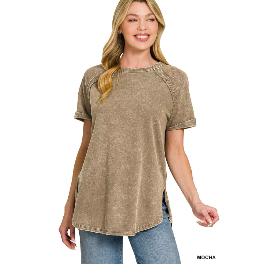 Zenana French Terry Washed Curved Hem Top MOCHA / S Apparel and Accessories