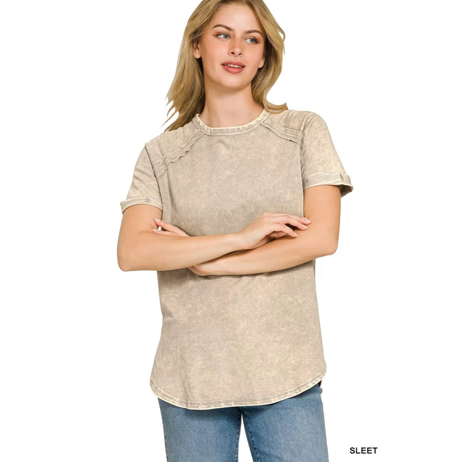 Zenana French Terry Washed Curved Hem Top SLEET / S Apparel and Accessories