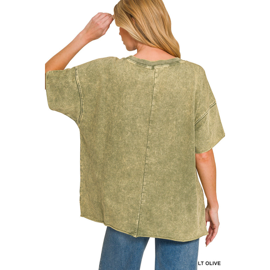 Zenana French Terry Washed Drop Shoulder Raw Edge Top Apparel and Accessories