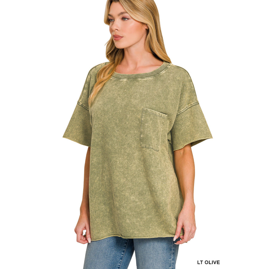 Zenana French Terry Washed Drop Shoulder Raw Edge Top LT OLIVE / S/M Apparel and Accessories