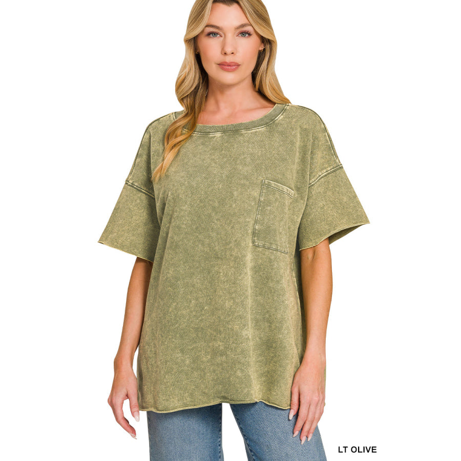 Zenana French Terry Washed Drop Shoulder Raw Edge Top LT OLIVE / S/M Apparel and Accessories