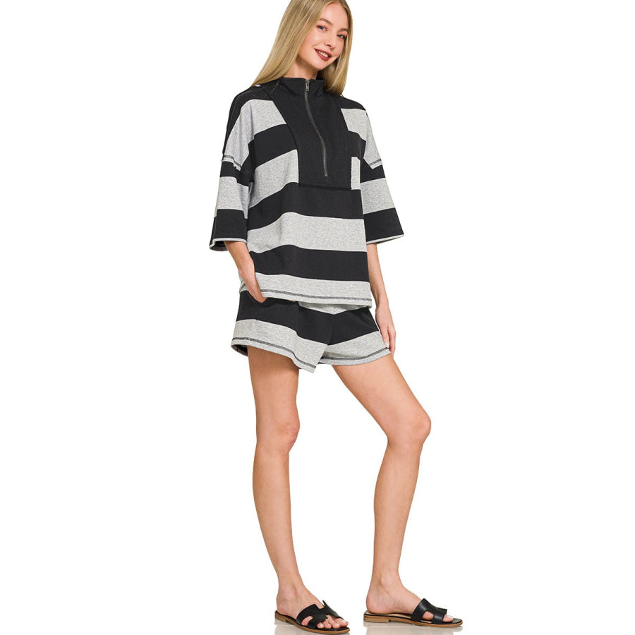 Zenana Frenchterry Striped Half Zip Top & Shorts Set Apparel and Accessories
