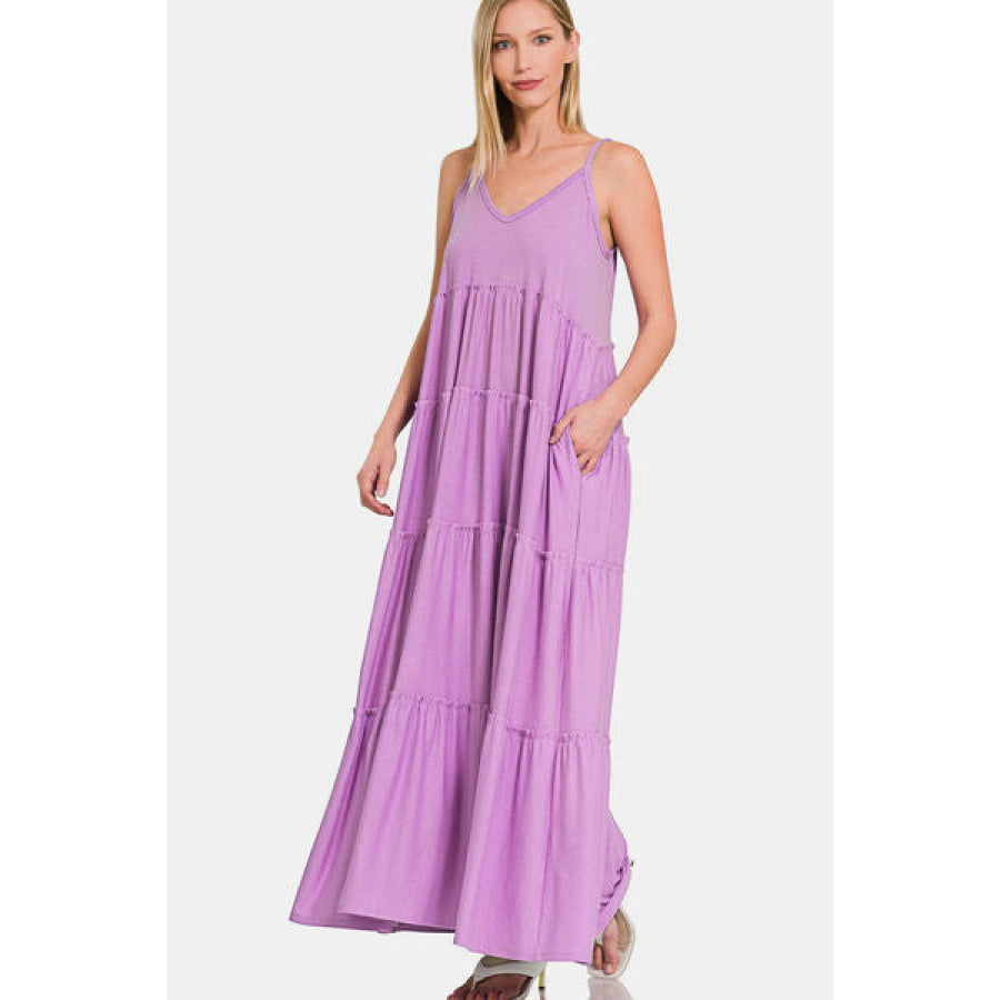 Zenana Frill Tiered V - Neck Maxi Cami Dress BLAVENDER / S Apparel and Accessories