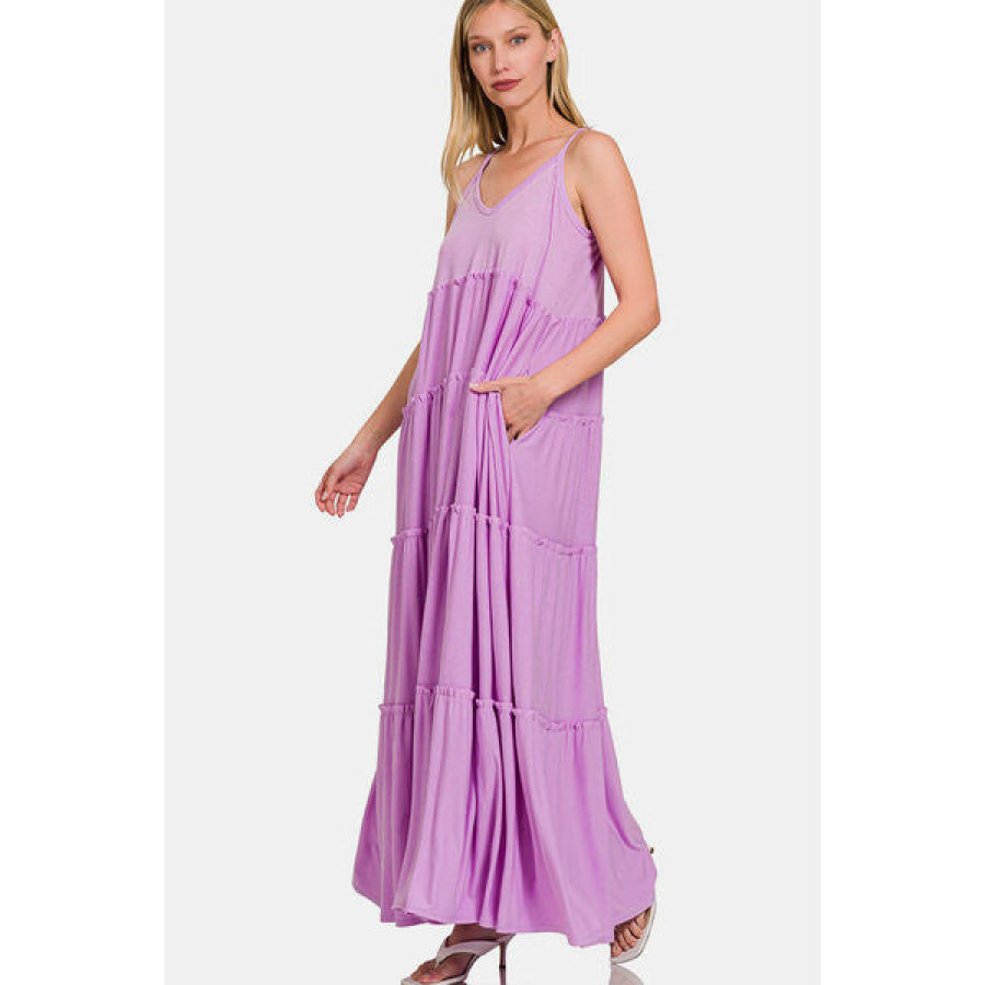 Zenana Frill Tiered V - Neck Maxi Cami Dress BLAVENDER / S Apparel and Accessories