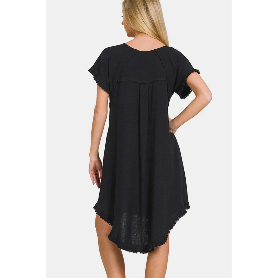 Zenana Fringe Edge High Low Flowy Dress with Pockets Apparel and Accessories