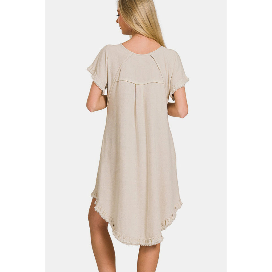 Zenana Fringe Edge High Low Flowy Dress with Pockets Beige / S Apparel and Accessories