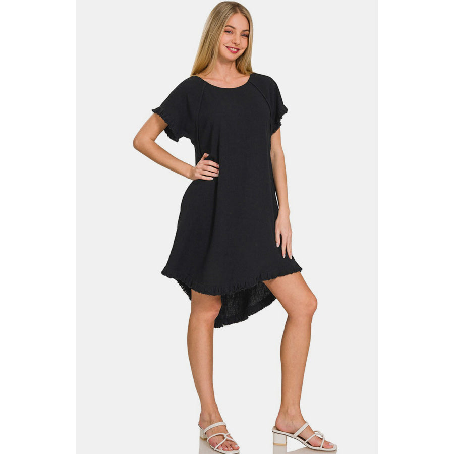 Zenana Fringe Edge High Low Flowy Dress with Pockets Apparel and Accessories