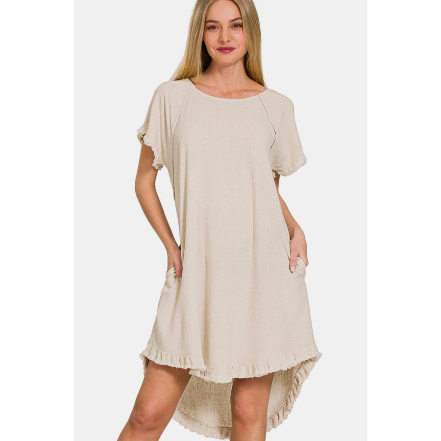 Zenana Fringe Edge High Low Flowy Dress with Pockets Beige / S Apparel and Accessories