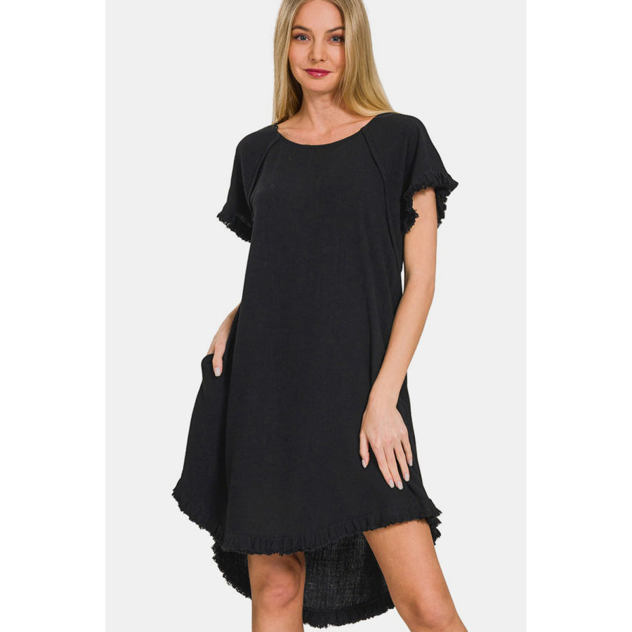 Zenana Fringe Edge High Low Flowy Dress with Pockets Black / S Apparel and Accessories