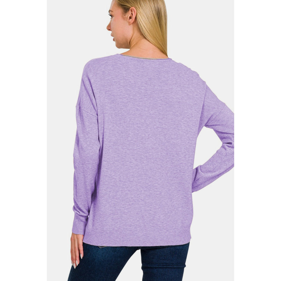 Zenana Front Seam Round Neck Sweater H Lavender / S Apparel and Accessories