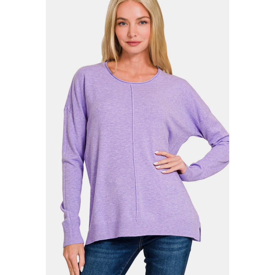 Zenana Front Seam Round Neck Sweater H Lavender / S Apparel and Accessories