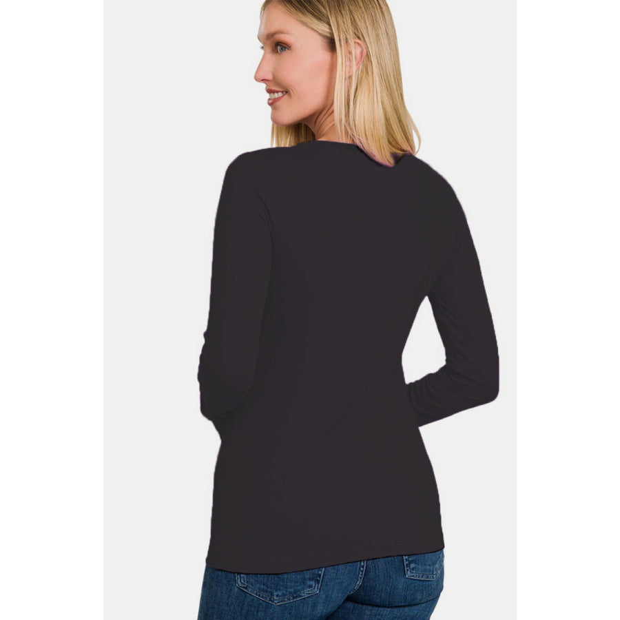 Zenana Ful Size Brushed Microfiber Long Sleeve Round Neck T-Shirt Black / S Apparel and Accessories